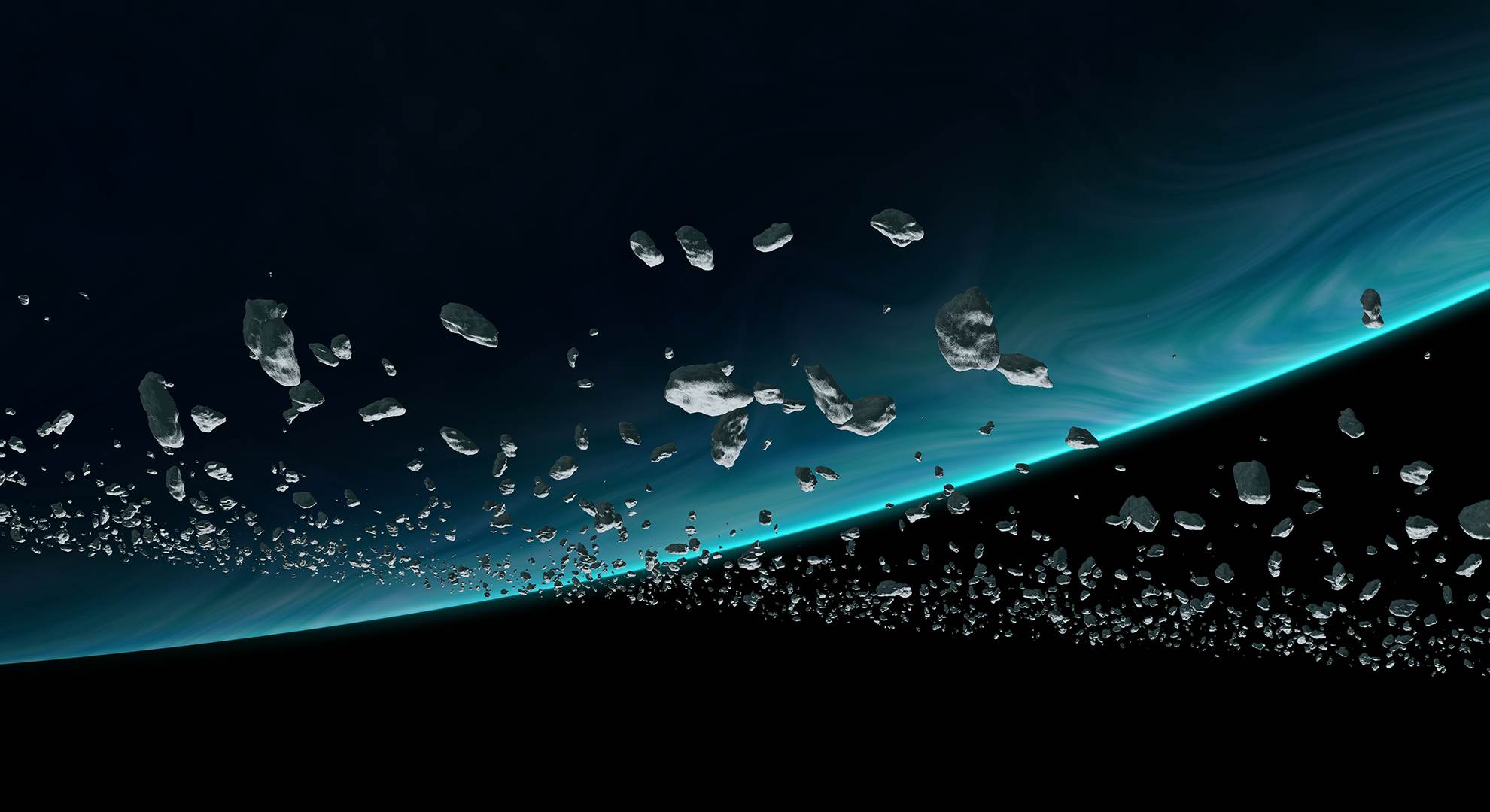 asteroids orbiting a blue planet