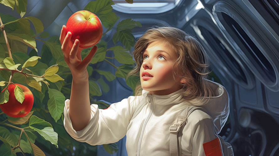 girl in space with apples